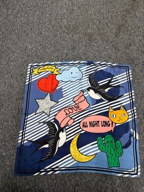 Longchamp Blue Cartoon Motif Silk Scarf with Multicolor Icons